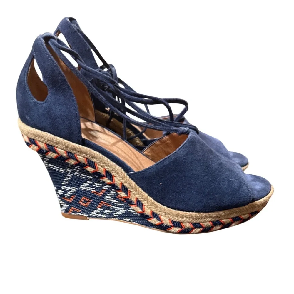 Cabi Maravilla Wedge Sandals Navy Blue Suede Lace Up Espadrille Boho 5275 SZ 6
